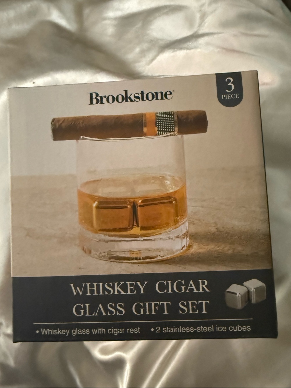 Brookstone Whiskey Glass Gift Set With 2 Stainless Steel ice cubes, Never opened